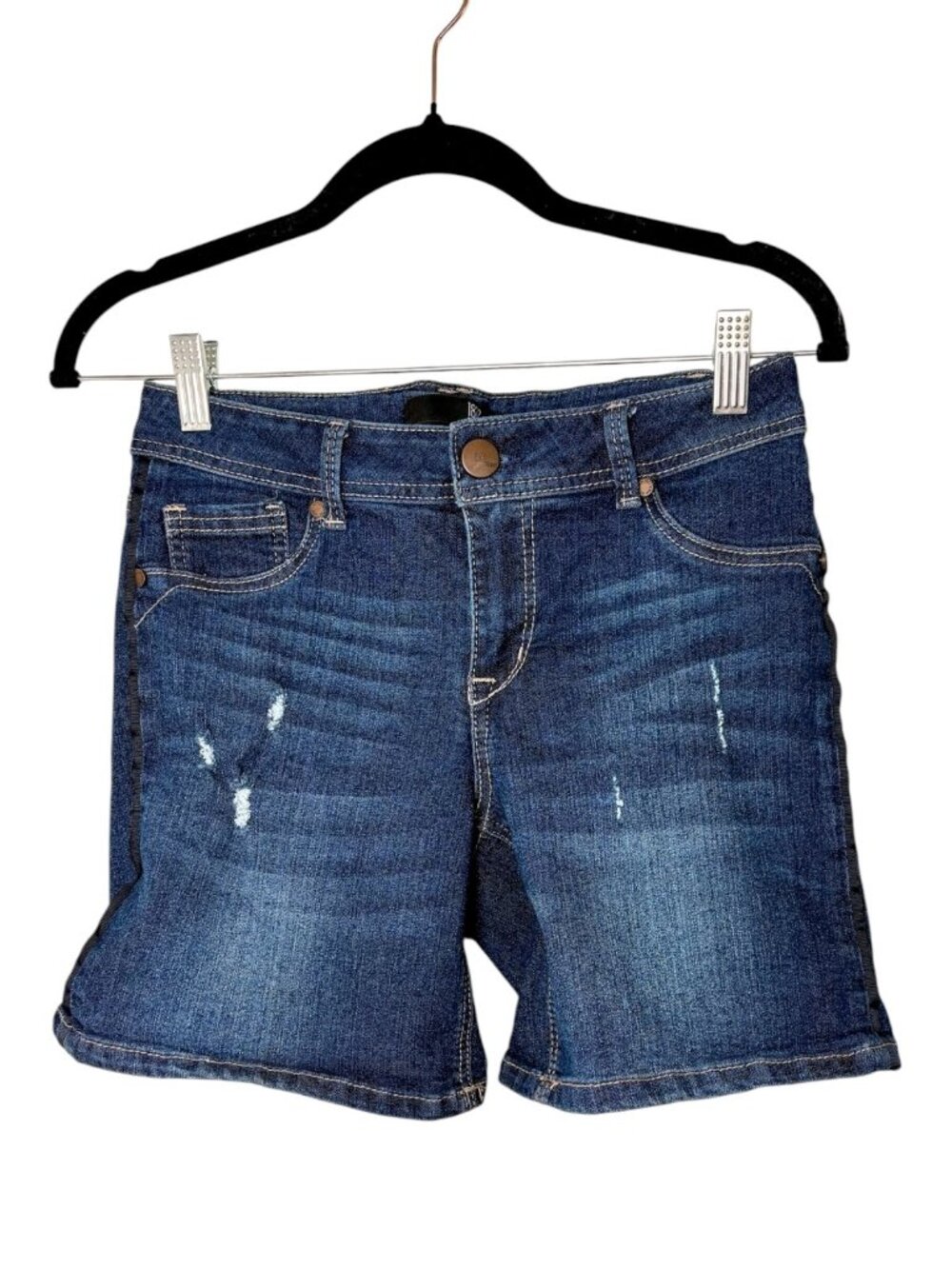 1822 Denim Blue Distressed Side Stripe Mid-Length Shorts Size 28